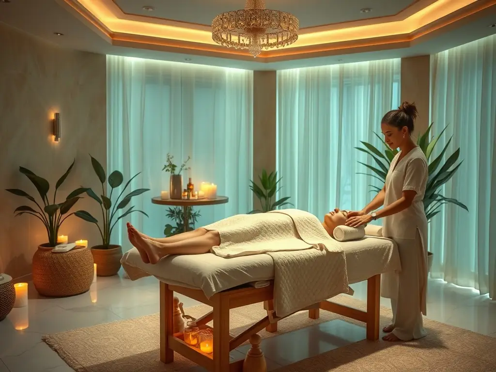 A woman enjoying a relaxing massage in a dimly lit room, showcasing the calming atmosphere and therapeutic benefits of massage therapy.