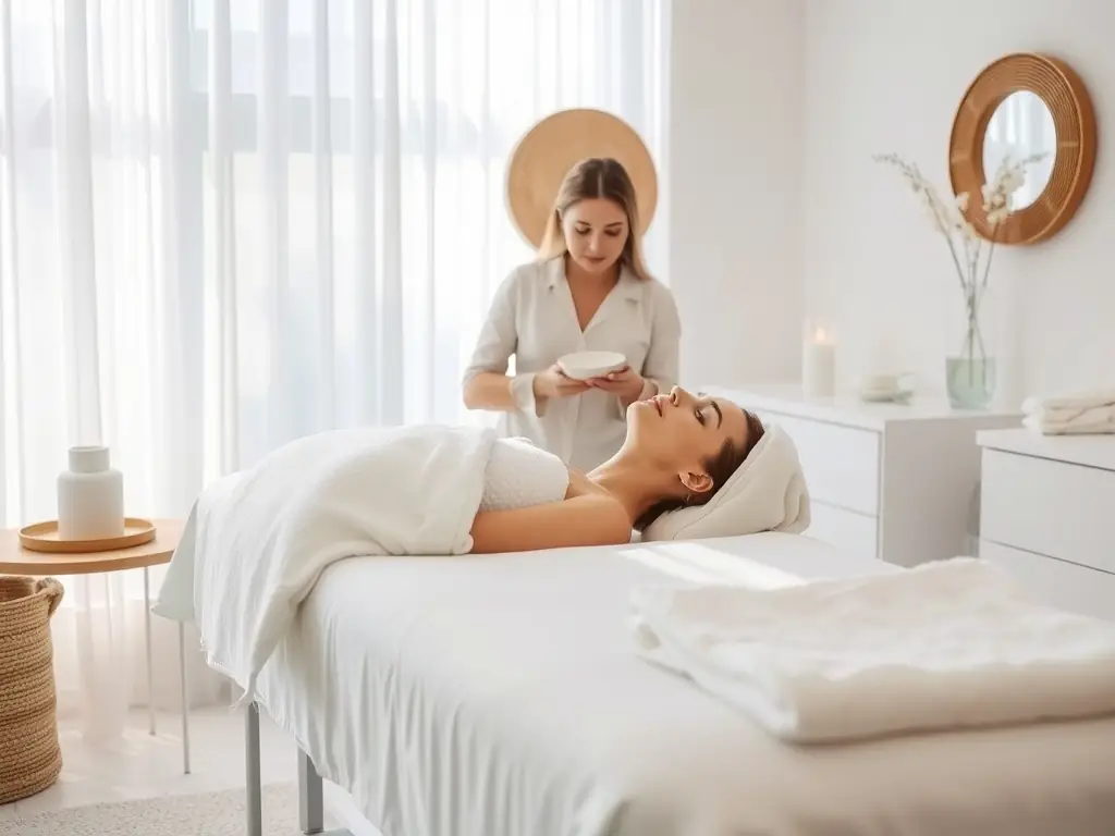A serene spa setting with soft lighting, featuring a woman receiving a facial treatment, emphasizing relaxation and skincare.