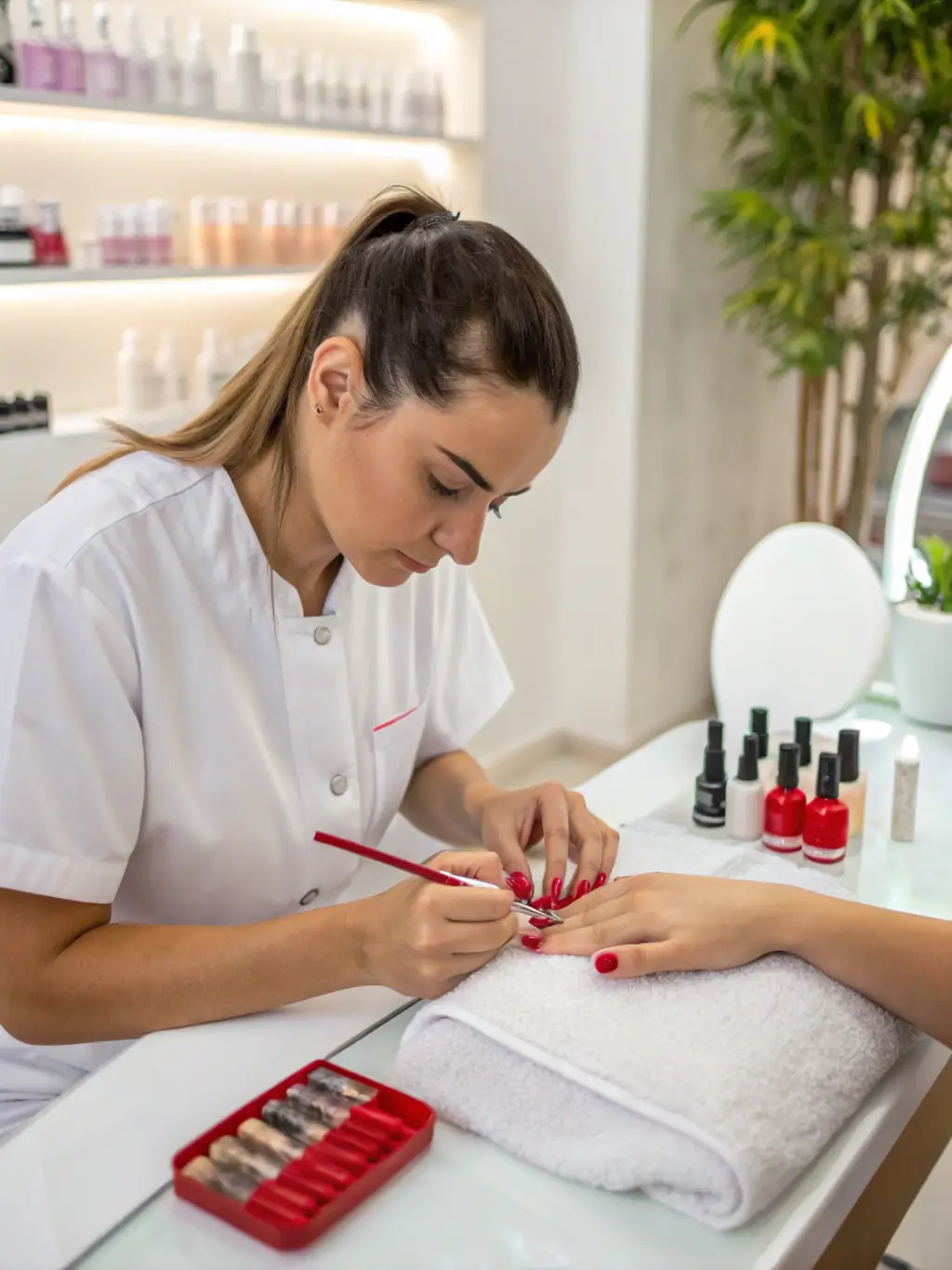 A vibrant image of a client's hands receiving a gel manicure, showcasing the nail care services offered at BeautyLine Spa.