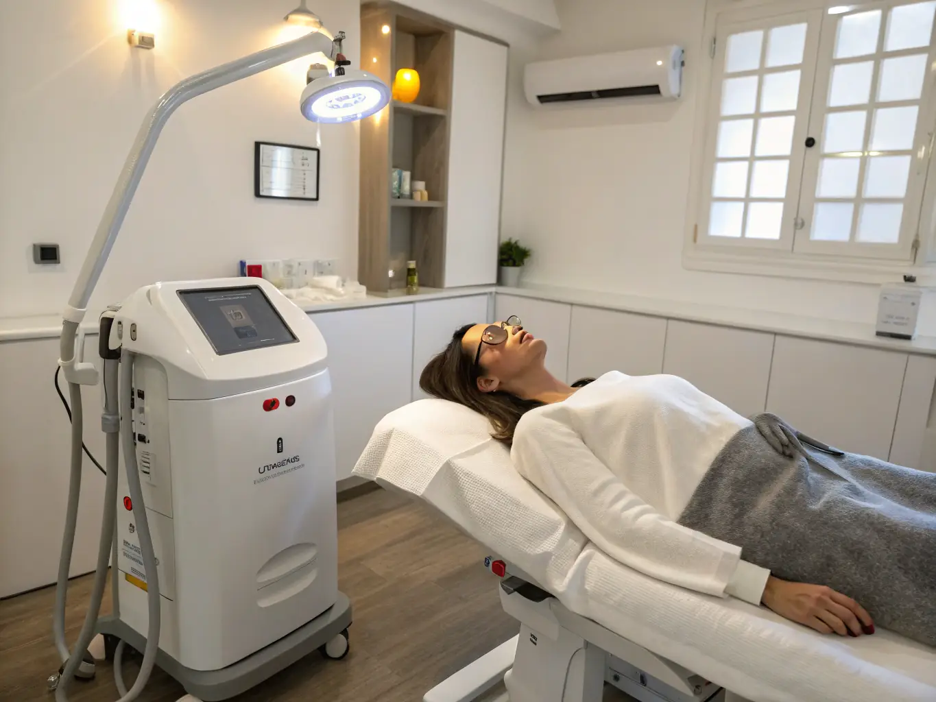 A client receiving laser hair removal treatment on their leg at BeautyLine Spa, with a technician using a modern laser device.